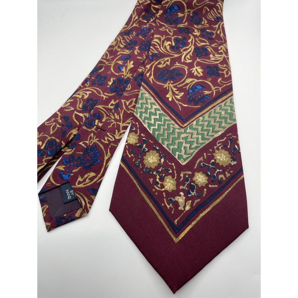 Polo Ralph Lauren Burgundy Silk Floral Geometric Medallion Tie Made in USA Hand